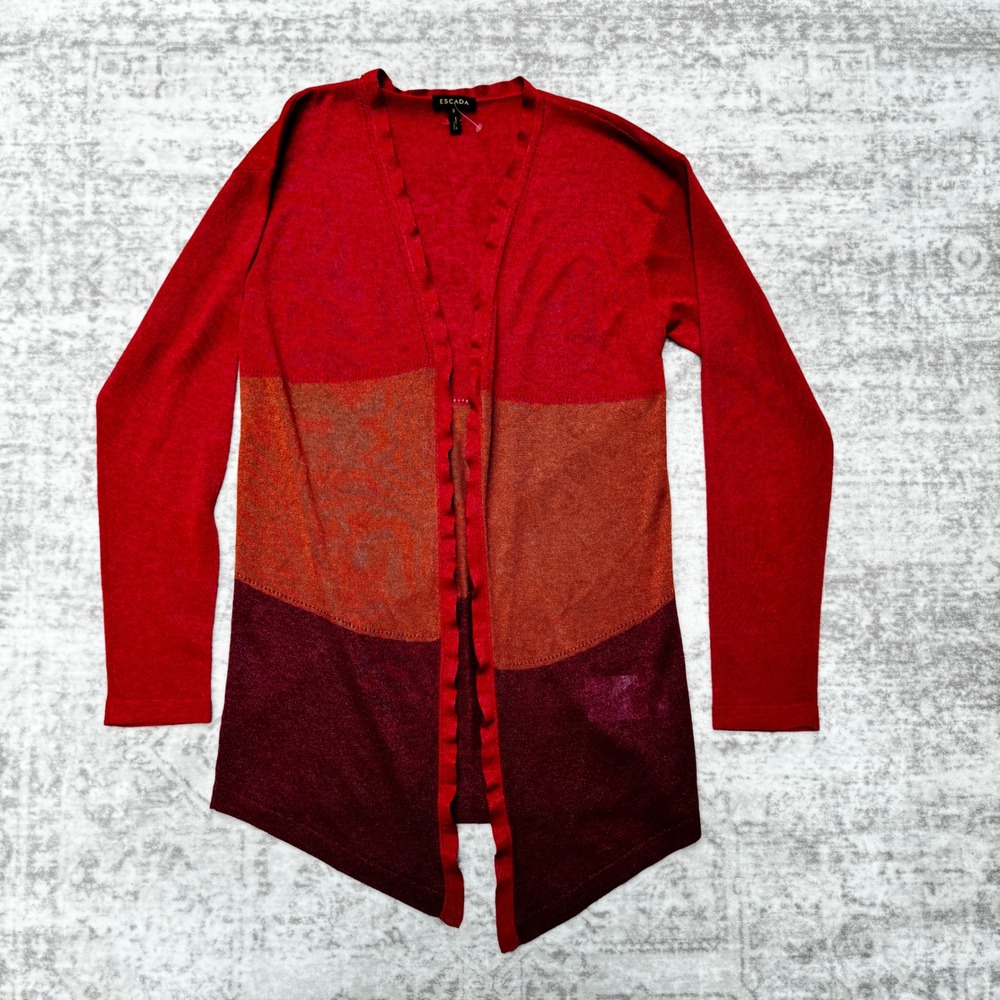 Escada Cardigan Womens S Red‎ Excellent Colorblock Sephrena Metallic Open Front